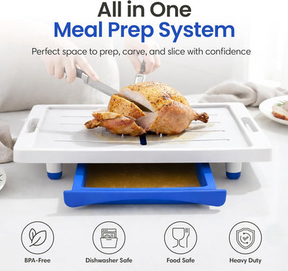 Large Cutting Board - Plus Meal Prep System with Juice Groove, Spikes, Drip Tray & Removable BPA Free Cutting Board - Patented Multi-Feature Design Carving Board - BBQ & Kitchen Essential