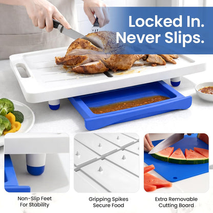 Large Cutting Board - Plus Meal Prep System with Juice Groove, Spikes, Drip Tray & Removable BPA Free Cutting Board - Patented Multi-Feature Design Carving Board - BBQ & Kitchen Essential