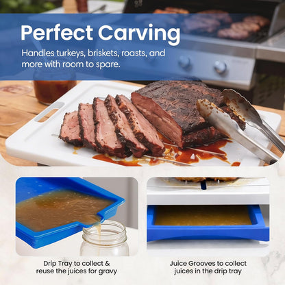 Large Cutting Board - Plus Meal Prep System with Juice Groove, Spikes, Drip Tray & Removable BPA Free Cutting Board - Patented Multi-Feature Design Carving Board - BBQ & Kitchen Essential