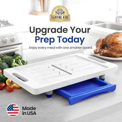 Large Cutting Board - Plus Meal Prep System with Juice Groove, Spikes, Drip Tray & Removable BPA Free Cutting Board - Patented Multi-Feature Design Carving Board - BBQ & Kitchen Essential