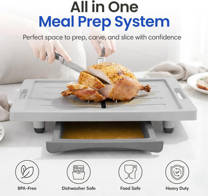 Large Cutting Board - Plus Meal Prep System with Juice Groove, Spikes, Drip Tray & Removable BPA Free Cutting Board - Patented Multi-Feature Design Carving Board - BBQ & Kitchen Essential