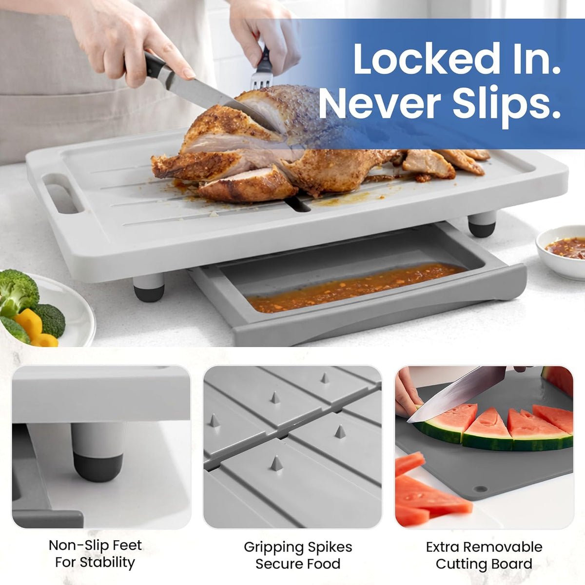 Large Cutting Board - Plus Meal Prep System with Juice Groove, Spikes, Drip Tray & Removable BPA Free Cutting Board - Patented Multi-Feature Design Carving Board - BBQ & Kitchen Essential