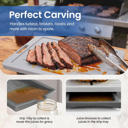Large Cutting Board - Plus Meal Prep System with Juice Groove, Spikes, Drip Tray & Removable BPA Free Cutting Board - Patented Multi-Feature Design Carving Board - BBQ & Kitchen Essential