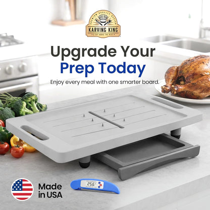 Large Cutting Board - Plus Meal Prep System with Juice Groove, Spikes, Drip Tray & Removable BPA Free Cutting Board - Patented Multi-Feature Design Carving Board - BBQ & Kitchen Essential
