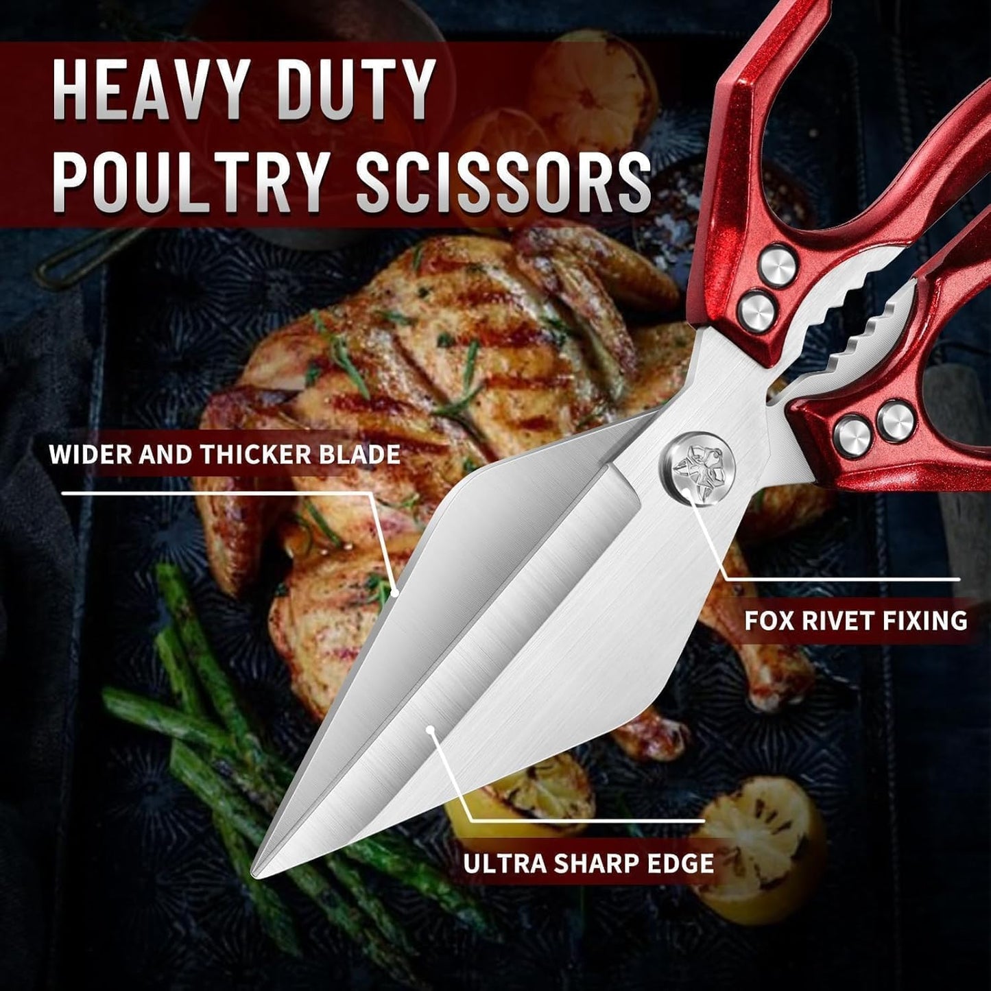 Heavy Duty Poultry Shears for Food with Red Ergonomic Handle | Multi-Purpose Kitchen Scissors, Reinforced Dual-Rivet Design, Ergonomic Non-Slip Handle, Easy Clean, Thoughtful Kitchen Gifts
