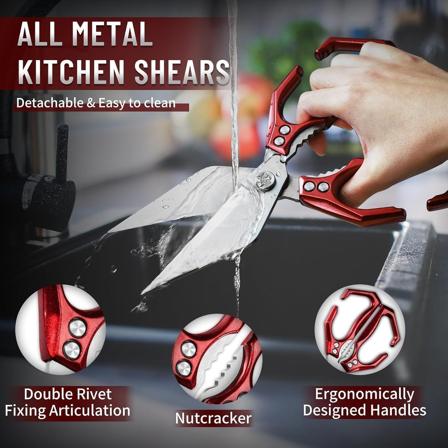 Heavy Duty Poultry Shears for Food with Red Ergonomic Handle | Multi-Purpose Kitchen Scissors, Reinforced Dual-Rivet Design, Ergonomic Non-Slip Handle, Easy Clean, Thoughtful Kitchen Gifts