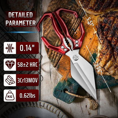 Heavy Duty Poultry Shears for Food with Red Ergonomic Handle | Multi-Purpose Kitchen Scissors, Reinforced Dual-Rivet Design, Ergonomic Non-Slip Handle, Easy Clean, Thoughtful Kitchen Gifts