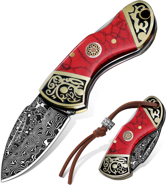 DRGSKL Damascus Pocket Knife for Gifting - Small EDC Knife for Dad (Red) | Superior Damascus Steel, Ergonomic Retro Carved Handle, Gift Box, Easy to Carry, Collectible Gifts