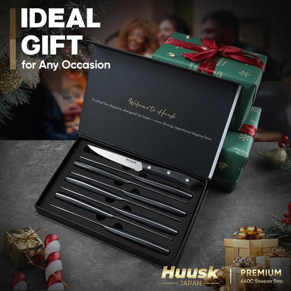 Huusk Steak Knives Set of 8, Sharp Serrated Steak Knives | Full Tang Handle, Japanese Stainless Steel Stake Knife Set for Dinner BBQ Kitchen with Gift Box, Gift Idea for Dad
