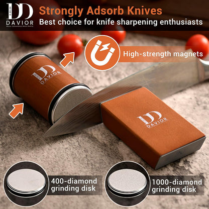 Rolling Knife Sharpener Kit with Diamond Discs, 15° & 20° Multi Angle Magnetic Knife Sharpener Roller Tool for Kitchen and Pocket Knives, Finger Protector, Leather Strop & Carry Bag