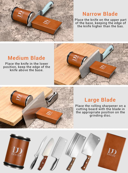 Rolling Knife Sharpener Kit with Diamond Discs, 15° & 20° Multi Angle Magnetic Knife Sharpener Roller Tool for Kitchen and Pocket Knives, Finger Protector, Leather Strop & Carry Bag
