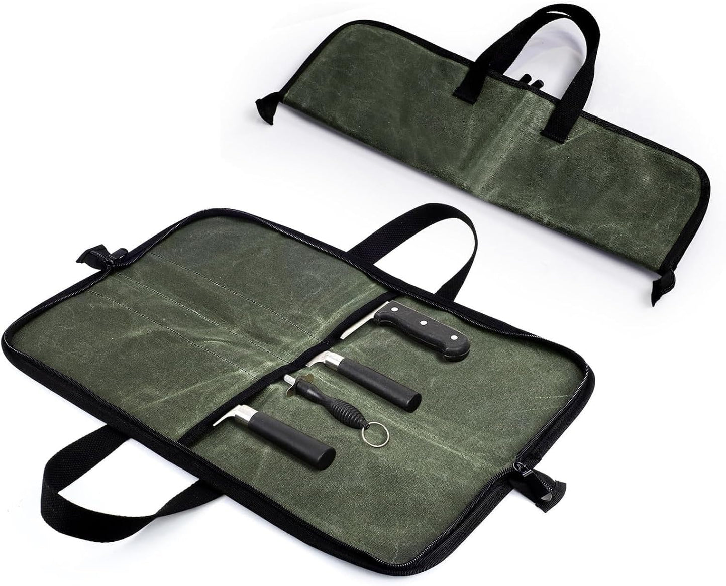 Heavy Duty Knife Roll for Chefs, Green | Waxed Canvas, 4 Slots, Waterproof & Durable, Portable with Handle