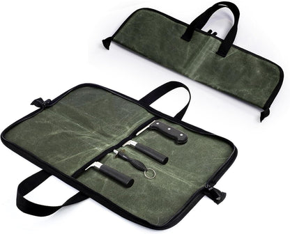 Heavy Duty Knife Roll for Chefs, Green | Waxed Canvas, 4 Slots, Waterproof & Durable, Portable with Handle