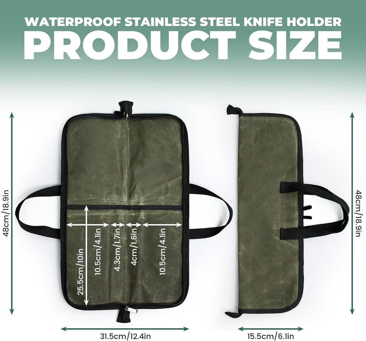 Heavy Duty Knife Roll for Chefs, Green | Waxed Canvas, 4 Slots, Waterproof & Durable, Portable with Handle