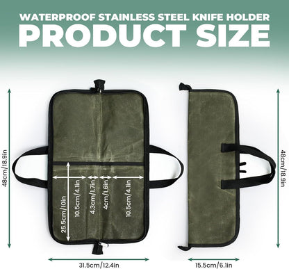 Heavy Duty Knife Roll for Chefs, Green | Waxed Canvas, 4 Slots, Waterproof & Durable, Portable with Handle