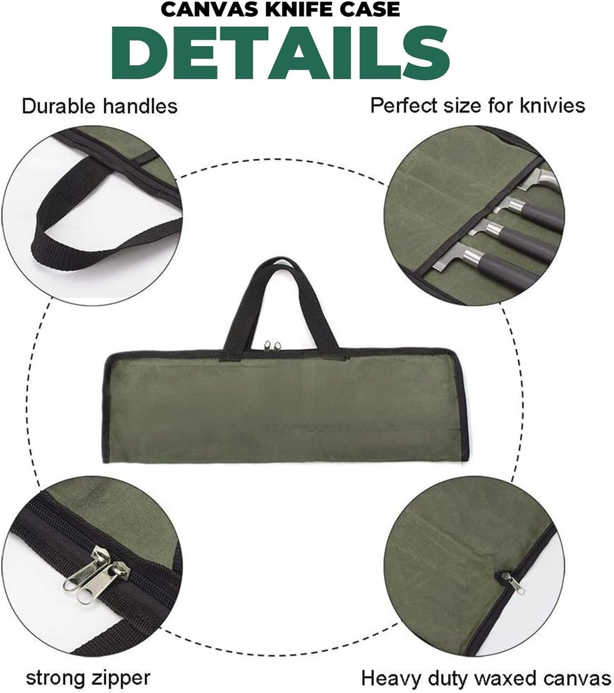 Heavy Duty Knife Roll for Chefs, Green | Waxed Canvas, 4 Slots, Waterproof & Durable, Portable with Handle