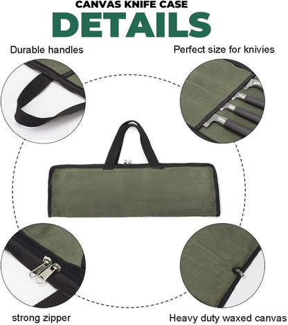 Heavy Duty Knife Roll for Chefs, Green | Waxed Canvas, 4 Slots, Waterproof & Durable, Portable with Handle