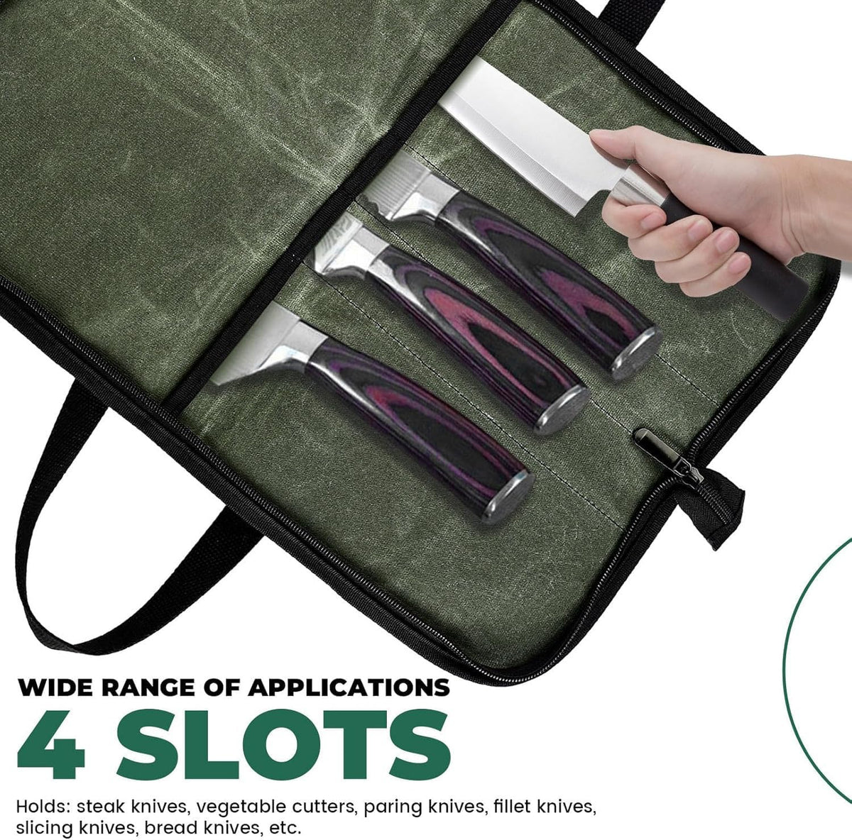 Heavy Duty Knife Roll for Chefs, Green | Waxed Canvas, 4 Slots, Waterproof & Durable, Portable with Handle