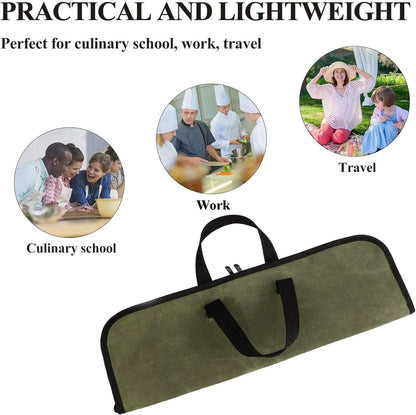Heavy Duty Knife Roll for Chefs, Green | Waxed Canvas, 4 Slots, Waterproof & Durable, Portable with Handle