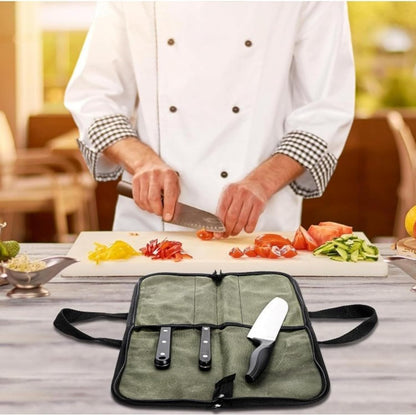 Heavy Duty Knife Roll for Chefs, Green | Waxed Canvas, 4 Slots, Waterproof & Durable, Portable with Handle