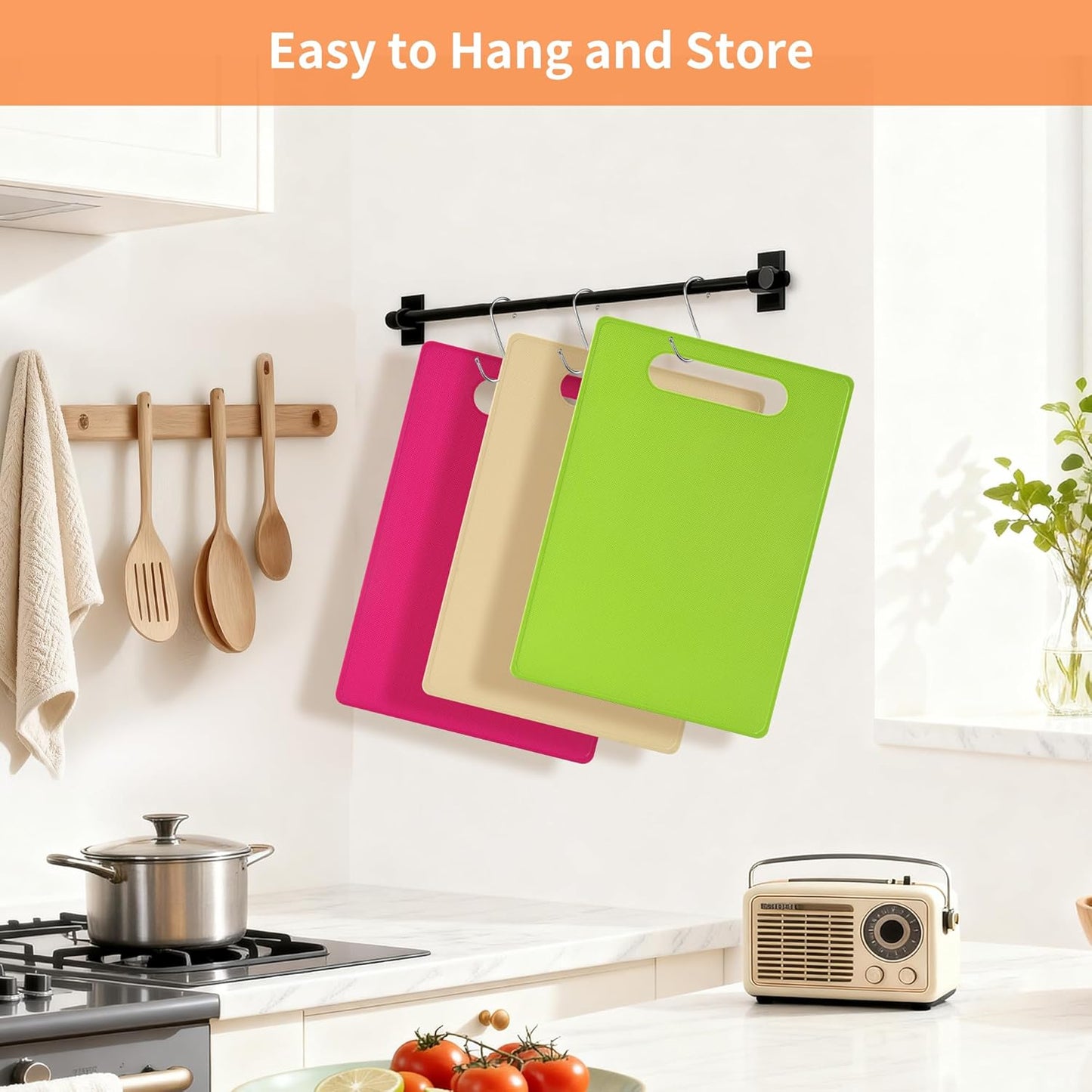 Plastic Cutting Board Set, 3 Pack Small Chopping Boards for Kitchen, BPA-Free, Dishwasher Safe, Color Coded Boards Pads for Meat Vegetable Fruit, Easy Grip Handle, Non-Slip, Space Saving