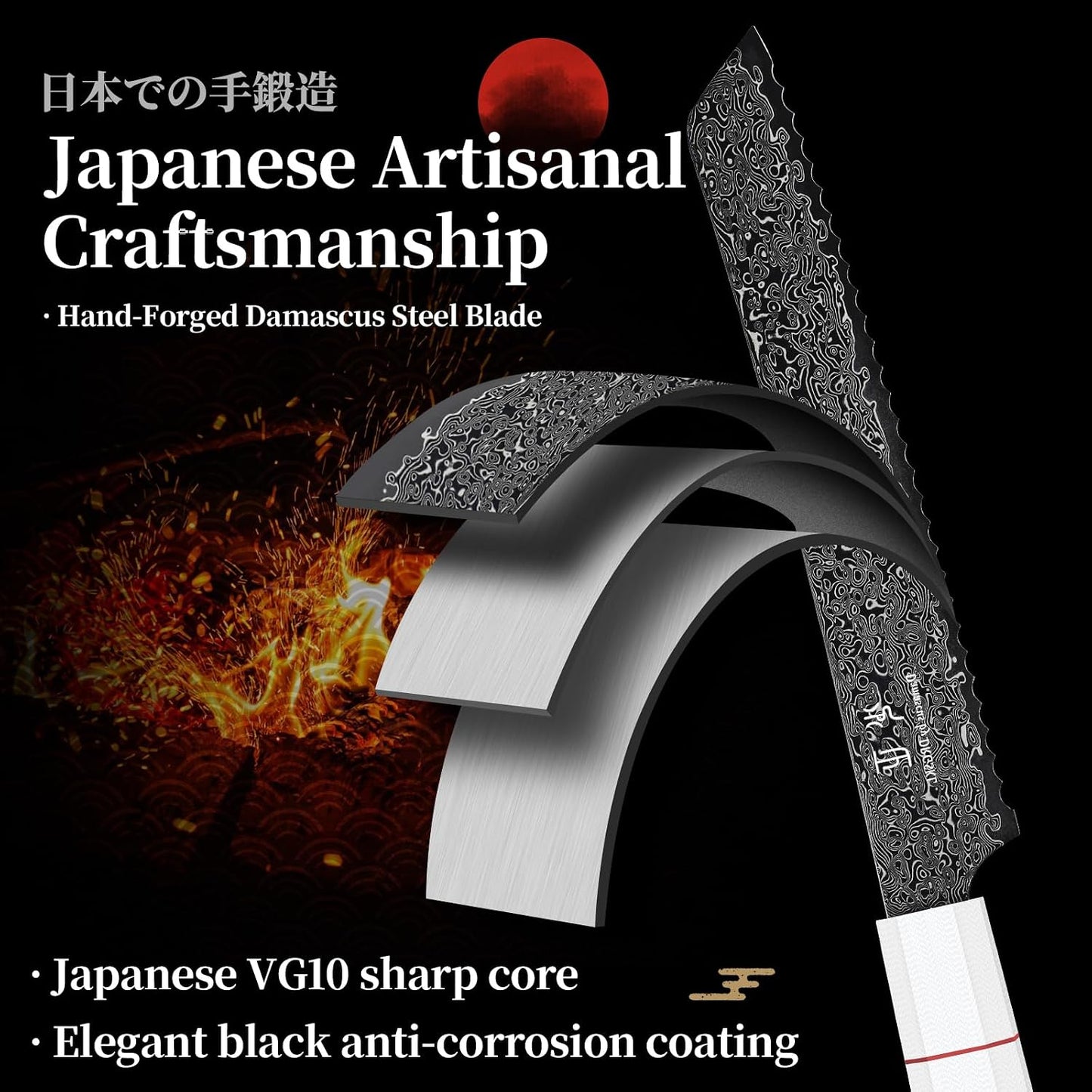 DRGSKL Damascus Fillet Knife 7 Inch - VG10 Razor Sharp Slicing Knife | Japanese VG10 Core, Black Anti-corrosion Coating, Damascus Blade, G10 Handle, Gift Box, Wet Edge Grinding Technology