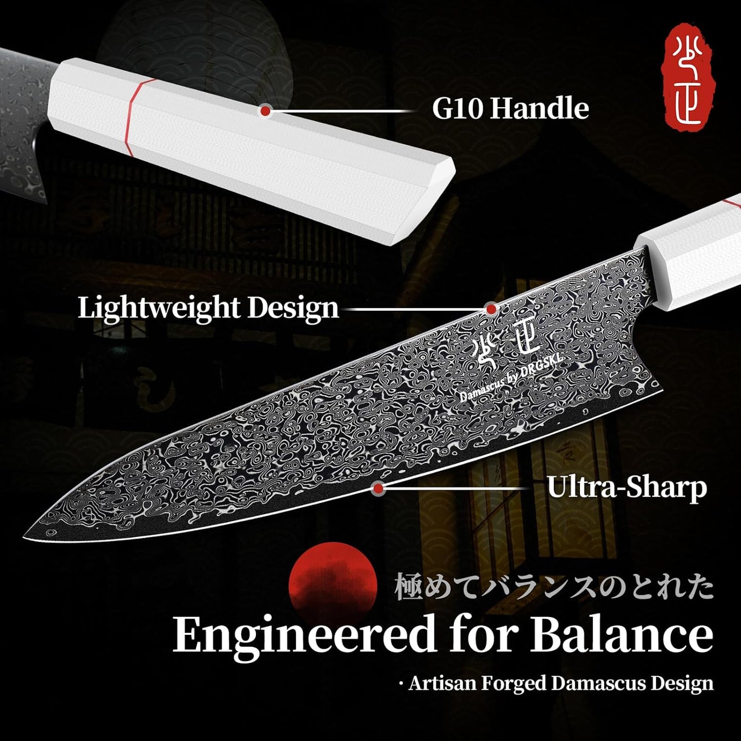 DRGSKL Damascus Fillet Knife 7 Inch - VG10 Razor Sharp Slicing Knife | Japanese VG10 Core, Black Anti-corrosion Coating, Damascus Blade, G10 Handle, Gift Box, Wet Edge Grinding Technology