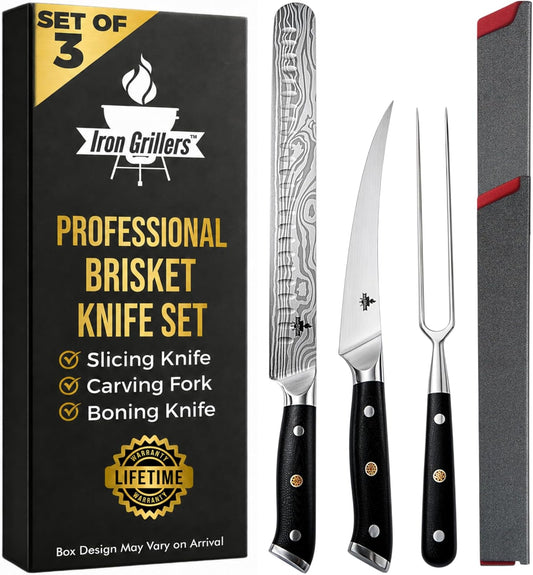 Brisket Knife Set for Meat Carving - 12" Slicing Knife + 6" Curved Boning Knife & Carving Fork for Effortless Meat Cutting, Full Tang & Ergonomic - Razor Sharp German Steel, BBQ Grilling Gifts for Men