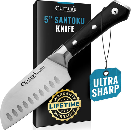 Santoku Knife, 5" Meat & Vegetable Knife for Chopping | Forged High Carbon German Steel, Full Tang Razor Sharp – Ergonomic Handle, Artisan Series