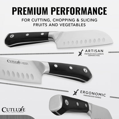 Santoku Knife, 5" Meat & Vegetable Knife for Chopping | Forged High Carbon German Steel, Full Tang Razor Sharp – Ergonomic Handle, Artisan Series