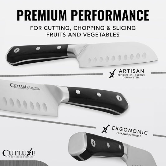 Santoku Knife, 5" Meat & Vegetable Knife for Chopping | Forged High Carbon German Steel, Full Tang Razor Sharp – Ergonomic Handle, Artisan Series