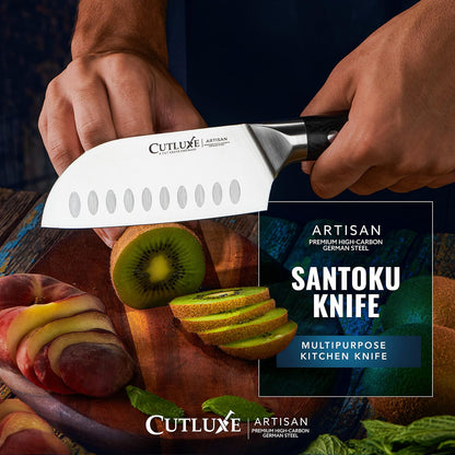 Santoku Knife, 5" Meat & Vegetable Knife for Chopping | Forged High Carbon German Steel, Full Tang Razor Sharp – Ergonomic Handle, Artisan Series