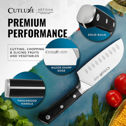Santoku Knife, 5" Meat & Vegetable Knife for Chopping | Forged High Carbon German Steel, Full Tang Razor Sharp – Ergonomic Handle, Artisan Series