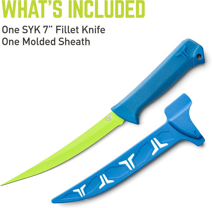 TRUE SYK 7" Fillet Knife, Medium Flex, Hollow Ground Blade, Ideal for Freshwater and Saltwater Filleting, Skinning, and Deboning Fish, 7" Knife,Blue/Green