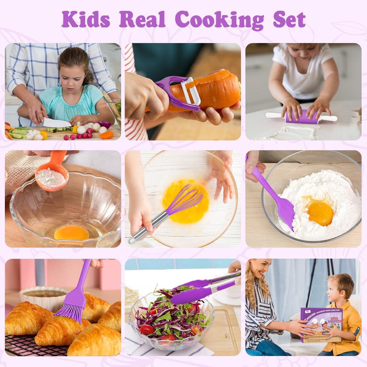 Kids Cooking Sets Real, Kids Cooking and Baking Set with Storage Case Kid Safe Knives Cutting Board Apron Cookbook Toddler Cooking Utensils, Montessori Kitchen Tools, Birthday Gifts for Girls Boys