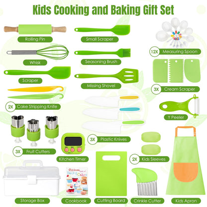 Kids Cooking Sets Real, Kids Cooking and Baking Set with Storage Case Kid Safe Knives Cutting Board Apron Cookbook Toddler Cooking Utensils, Montessori Kitchen Tools, Birthday Gifts for Girls Boys