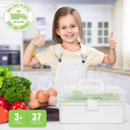 Kids Cooking Sets Real, Kids Cooking and Baking Set with Storage Case Kid Safe Knives Cutting Board Apron Cookbook Toddler Cooking Utensils, Montessori Kitchen Tools, Birthday Gifts for Girls Boys