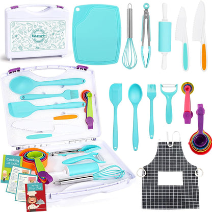Kids Cooking Sets Real, Kids Cooking and Baking Set with Storage Case Kid Safe Knives Cutting Board Apron Cookbook Toddler Cooking Utensils, Montessori Kitchen Tools, Birthday Gifts for Girls Boys