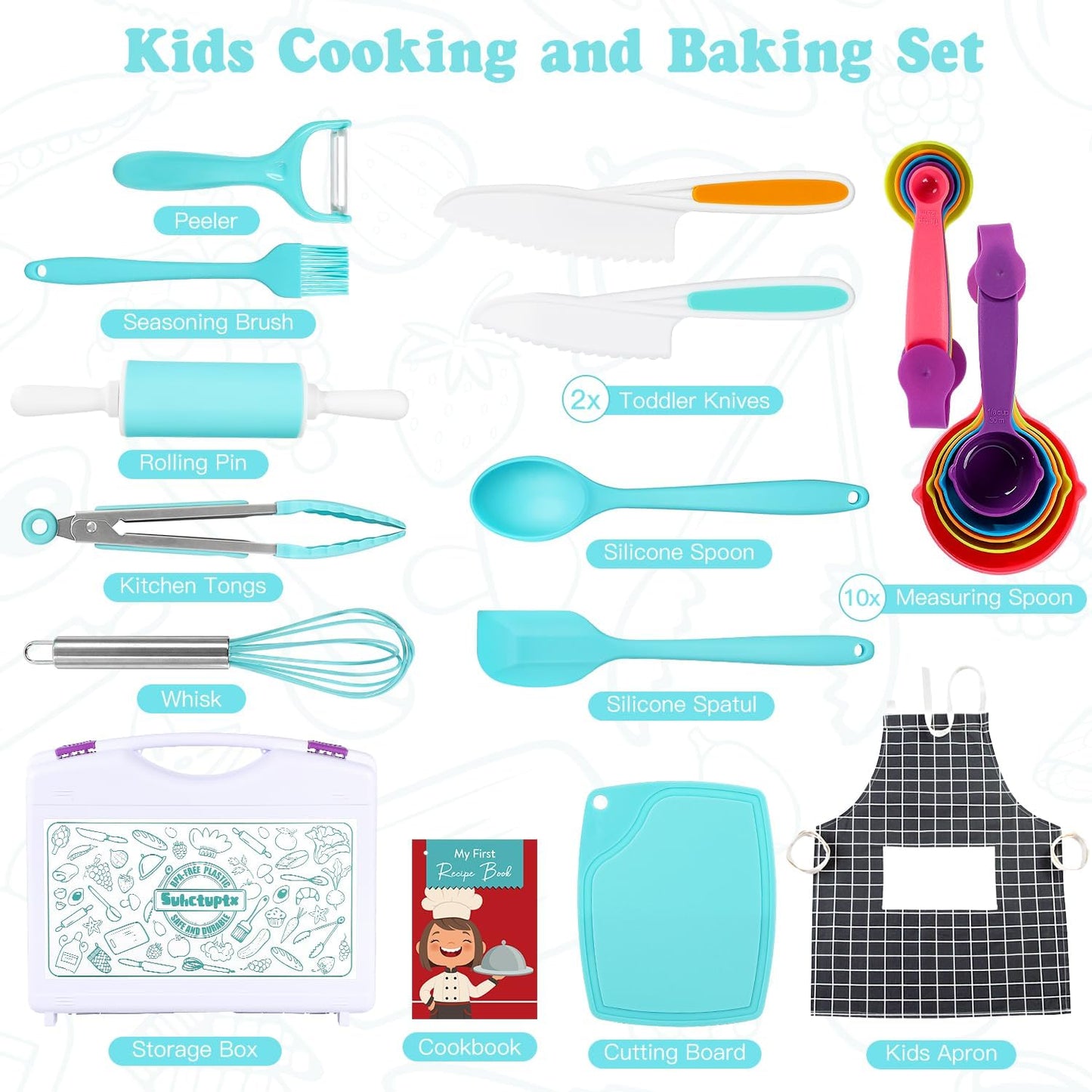 Kids Cooking Sets Real, Kids Cooking and Baking Set with Storage Case Kid Safe Knives Cutting Board Apron Cookbook Toddler Cooking Utensils, Montessori Kitchen Tools, Birthday Gifts for Girls Boys