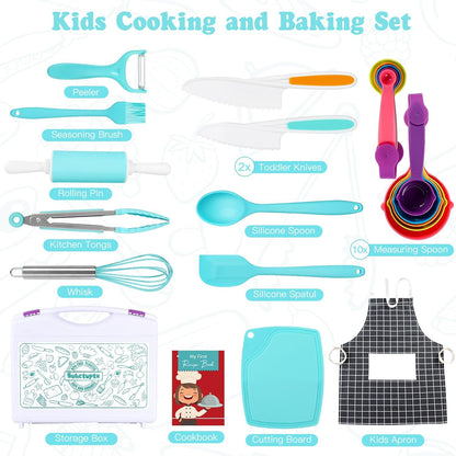 Kids Cooking Sets Real, Kids Cooking and Baking Set with Storage Case Kid Safe Knives Cutting Board Apron Cookbook Toddler Cooking Utensils, Montessori Kitchen Tools, Birthday Gifts for Girls Boys