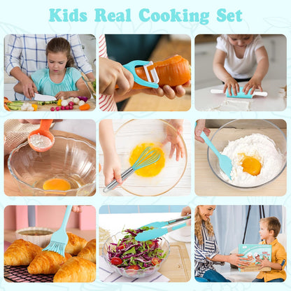 Kids Cooking Sets Real, Kids Cooking and Baking Set with Storage Case Kid Safe Knives Cutting Board Apron Cookbook Toddler Cooking Utensils, Montessori Kitchen Tools, Birthday Gifts for Girls Boys