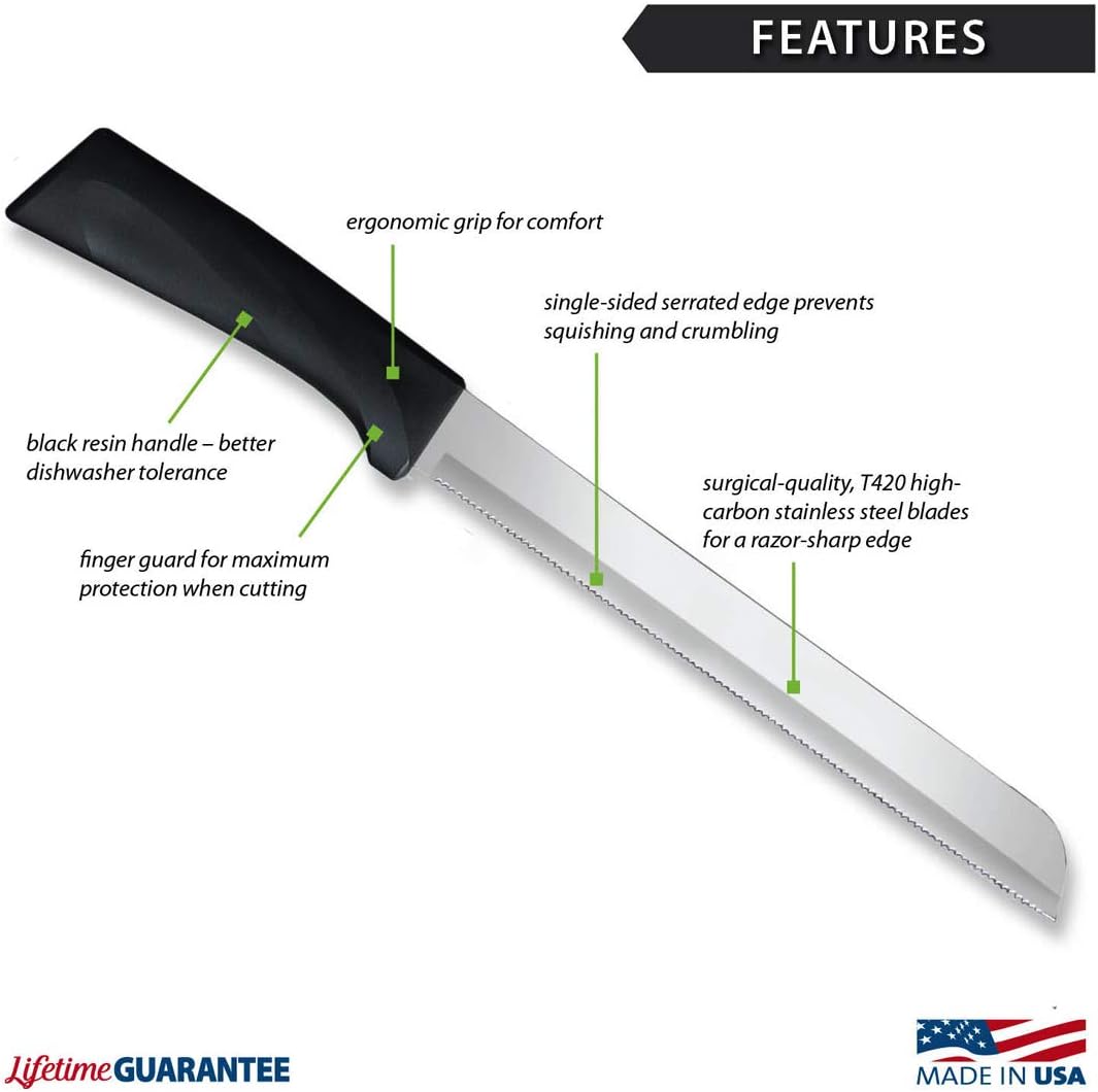 Anthem Series 8" Bread Knife (W443), Black Handle | Stainless Steel Serrated Blade, Black Resin Handle