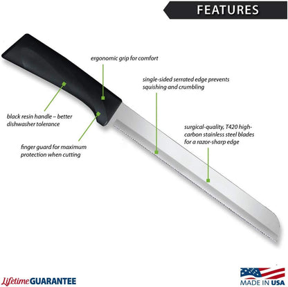 Anthem Series 8" Bread Knife (W443), Black Handle | Stainless Steel Serrated Blade, Black Resin Handle