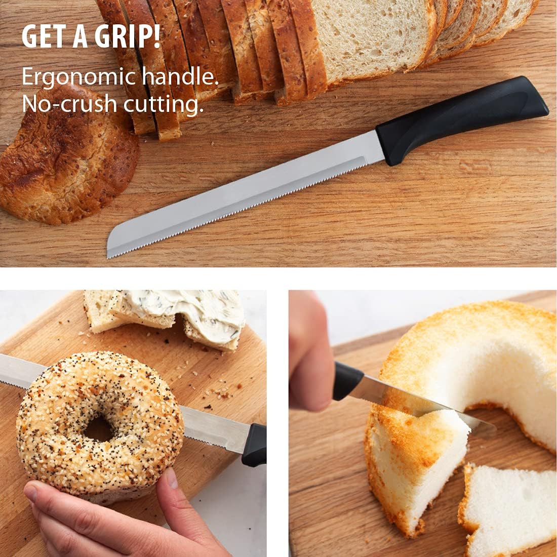 Anthem Series 8" Bread Knife (W443), Black Handle | Stainless Steel Serrated Blade, Black Resin Handle