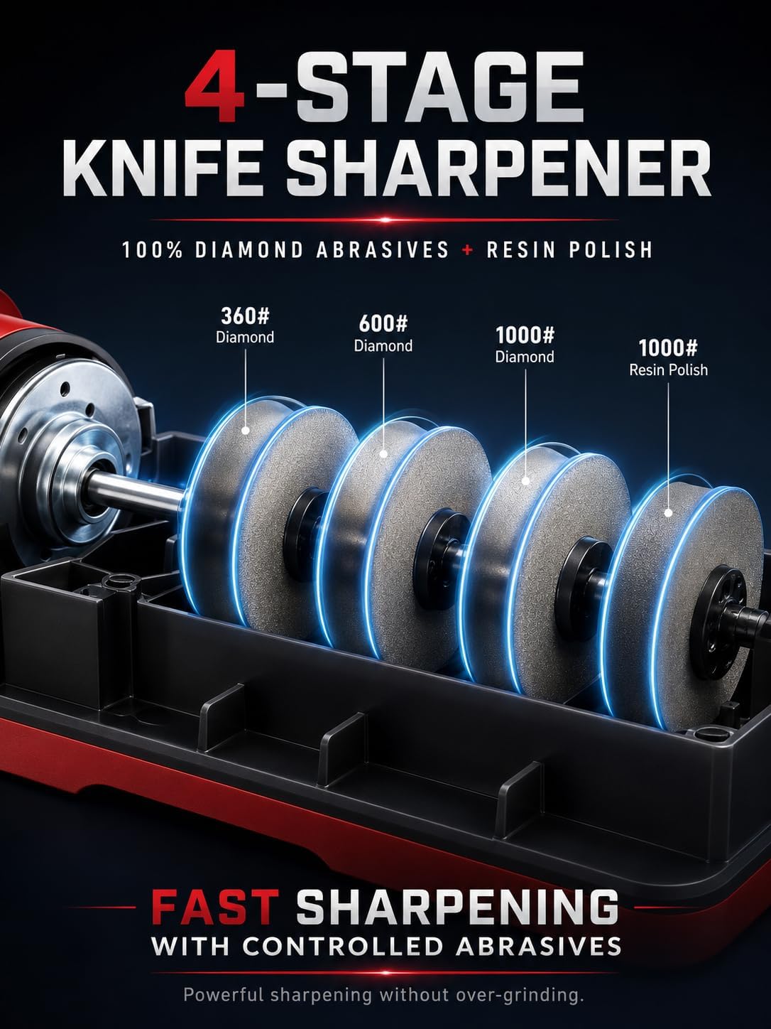 4-Stage Electric Knife Sharpener, Heavy Duty Knife Sharpener with 20° Precision Angle for Straight, Serrated & Ceramic Knives, 100% Diamond Abrasive, Resin Polishing