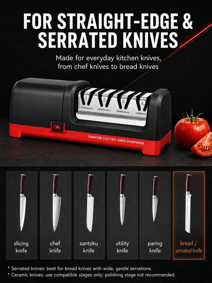4-Stage Electric Knife Sharpener, Heavy Duty Knife Sharpener with 20° Precision Angle for Straight, Serrated & Ceramic Knives, 100% Diamond Abrasive, Resin Polishing