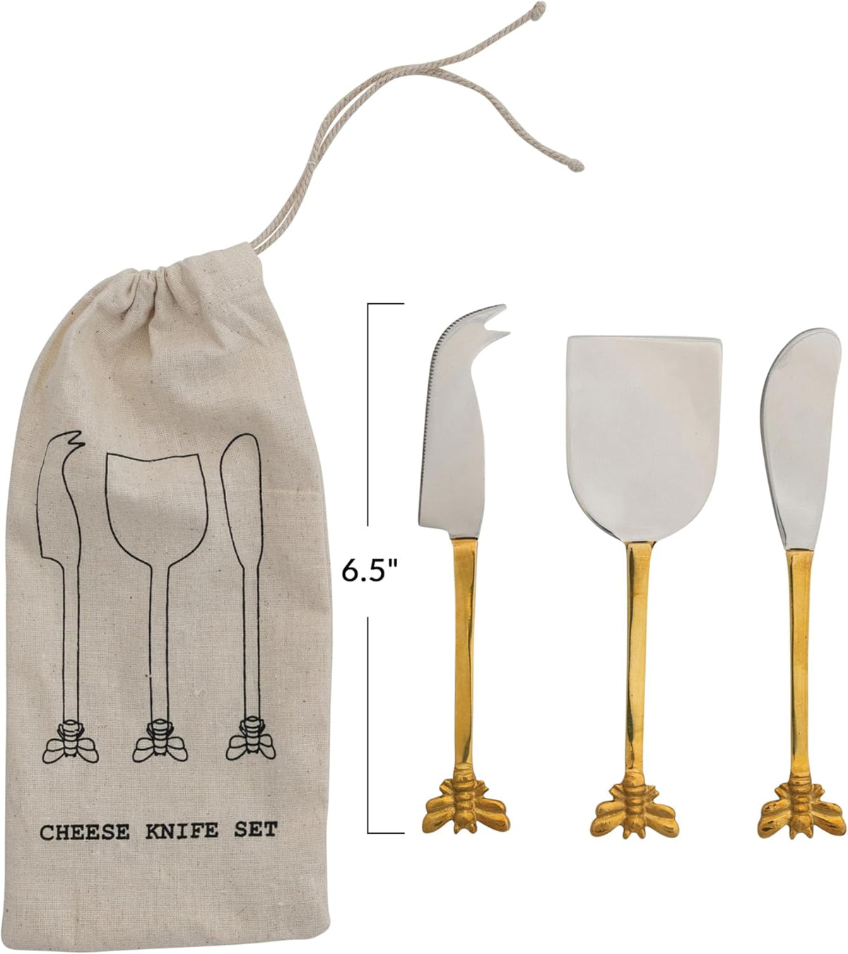 3-Piece Stainless Steel Cheese Knives with Bee Handles, Gold