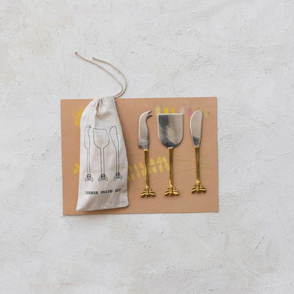 3-Piece Stainless Steel Cheese Knives with Bee Handles, Gold