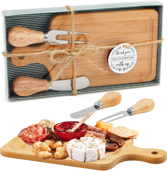 1 Set Bridal Baby Shower Cheese Prizes Wooden Square Board Gift Set Knives Forks Thank You Tags with Box for Guests for Valentines Bridal Baby Shower Housewarming Gifts (Bamboo Color)