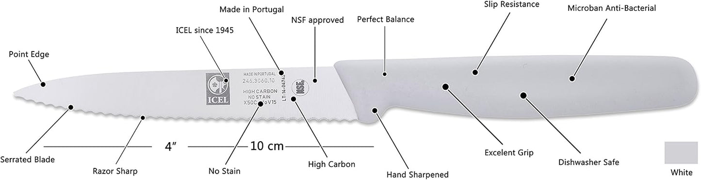 4 Inch Paring Knife, Serrated Edge, High Carbon German Stainless Steel razor Sharp Blade, White Handle